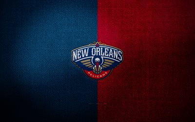 ニューオーリンズ・ペリカンズのバッジ, 4k, 青赤布の背景, nba, ニューオーリンズ・ペリカンズのロゴ, バスケットボール, ニューオーリンズ・ペリカンズの旗, アメリカのバスケットボールチーム, ニューオーリンズ・ペリカンズ