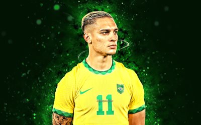 Antony, 4k, 2022, Brazil National Team, soccer, footballers, green neon lights, Antony Matheus dos Santos, Brazilian football team, Antony 4K