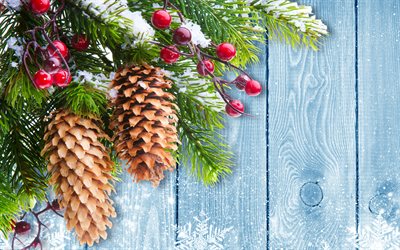 feliz navidad, 4k, adornos navideños, fondo azul de madera, marcos navideños, fondos de madera navideños, feliz año nuevo, conos