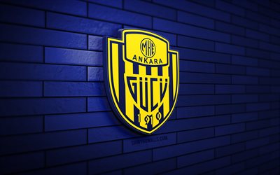 MKE Ankaragucu 3D logo, 4K, blue brickwall, Super Lig, soccer, turkish football club, MKE Ankaragucu logo, MKE Ankaragucu emblem, football, MKE Ankaragucu, sports logo, Ankaragucu FC
