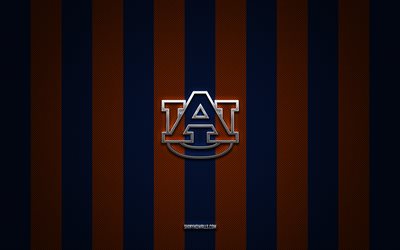 Auburn Tigers logo, American football team, NCAA, blue orange carbon background, Auburn Tigers emblem, football, Auburn Tigers, USA, Auburn Tigers silver metal logo