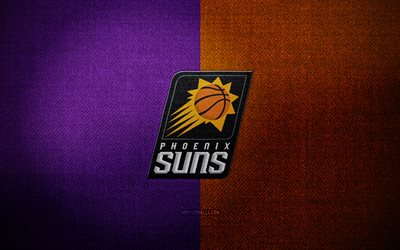 distintivo phoenix suns, 4k, sfondo tessuto arancione viola, nba, logo phoenix suns, emblema phoenix suns, basket, logo sportivo, bandiera phoenix suns, squadra di basket americana, phoenix suns