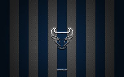 logo des buffalo bulls, équipe de football américain, ncaa, fond de carbone blanc bleu, emblème des buffalo bulls, football, buffalo bulls, états-unis, logo en métal argenté des buffalo bulls