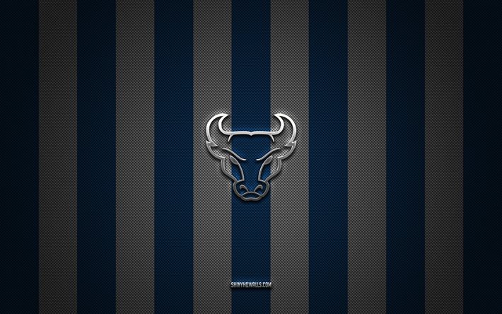 logo des buffalo bulls, équipe de football américain, ncaa, fond de carbone blanc bleu, emblème des buffalo bulls, football, buffalo bulls, états-unis, logo en métal argenté des buffalo bulls