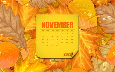 2022년 11월 달력, 4k, 가을 달력, 노란 잎 배경, 십일월, 단풍 배경, 가을
