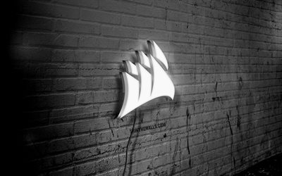 logo néon corsair, 4k, brickwall noir, art grunge, créatif, logo sur fil, logo blanc corsair, logo corsair, illustration, corsair