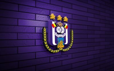 rsc anderlecht 3d-logo, 4k, violette ziegelwand, jupiler pro league, fußball, belgischer fußballverein, rsc anderlecht-logo, rsc anderlecht-emblem, rsc anderlecht, sportlogo, anderlecht fc