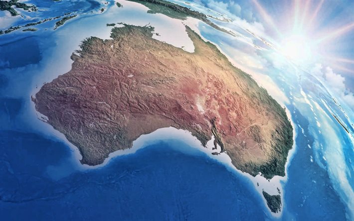 austrália do espaço, 4k, continente, paisagem mapa da austrália, visão do espaço, austrália mapa geográfico, austrália 3d