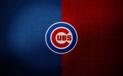 Chicago Cubs badge, 4k, blue red fabric background, MLB, Chicago Cubs logo, baseball, sports logo, Chicago Cubs flag, american baseball team, Chicago Cubs