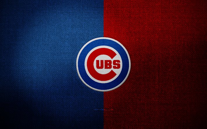 Chicago Cubs badge, 4k, blue red fabric background, MLB, Chicago Cubs logo, baseball, sports logo, Chicago Cubs flag, american baseball team, Chicago Cubs