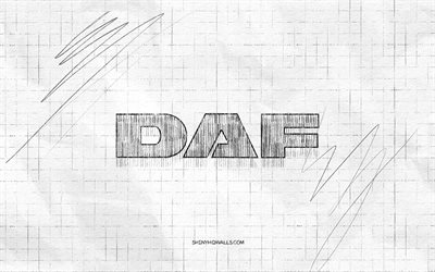 logo de croquis daf, 4k, fond de papier à carreaux, logo noir daf, marques, croquis de logo, logo daf, dessin au crayon, daf