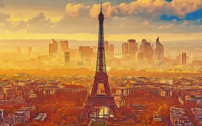 4k, torre eiffel, paris, arte vetorial, noite, pôr do sol, desenhos de paris, paris paisagem urbana, horizonte de paris, desenhos da torre eiffel, frança