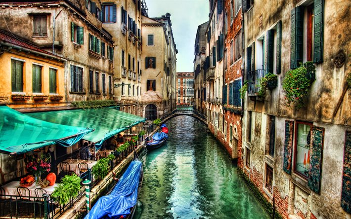 4k, venecia, hdr, góndolas, canales de agua, ciudades italianas, italia, europa, vacaciones de verano, casas de colores, monumentos italianos, verano