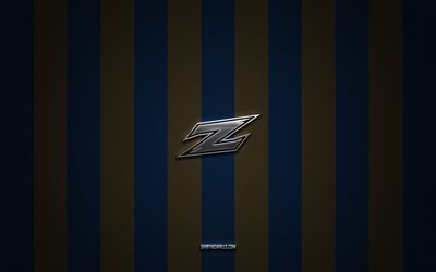 Akron Zips logo, American football team, NCAA, blue gold carbon background, Akron Zips emblem, football, Akron Zips, USA, Akron Zips silver metal logo