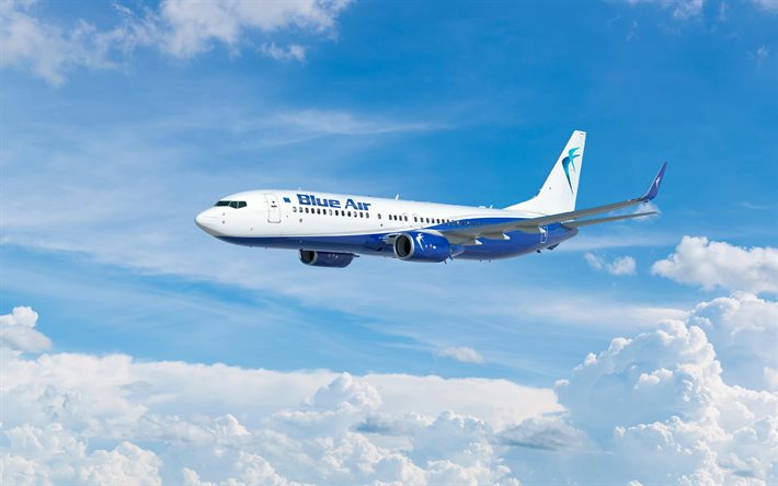 Boeing 737-800, passenger aircraft, Blue Air, airliner, low-cost airline, airplane in the sky, air travel, passenger transportation, Boeing
