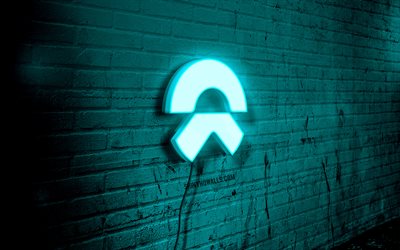 NIO neon logo, 4k, blue brickwall, grunge art, creative, cars brands, logo on wire, NIO blue logo, NIO logo, artwork, NIO