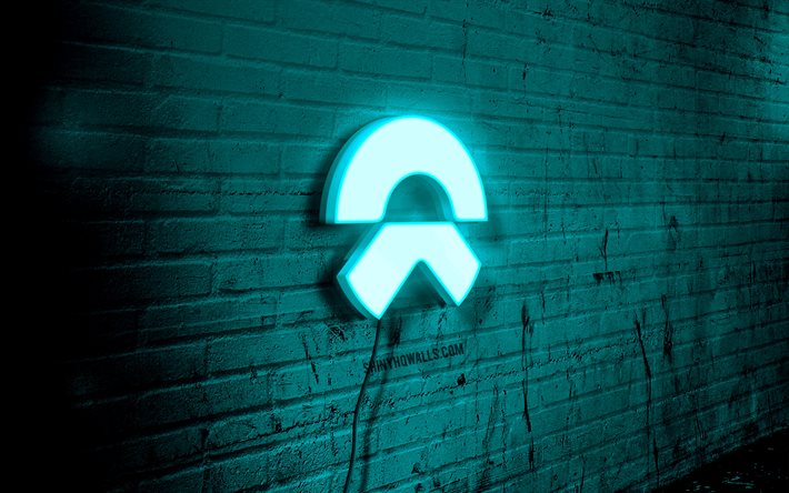 nio neon logo, 4k, mavi brickwall, grunge sanat, yaratıcı, araba markaları, tel üzerinde logo, nio mavi logo, nio logo, sanat eseri, nio