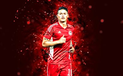 james rodriguez, 4k, rote neonlichter, olympiacos fc, super league griechenland, fußball, kolumbianische fußballer, james rodriguez 4k, roter abstrakter hintergrund, james rodriguez olympiacos