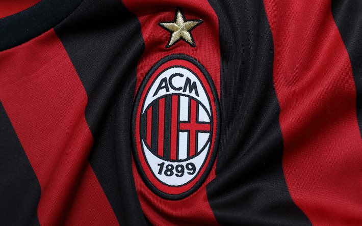 4k, AC Milan logo, red-black fabric, Serie A, Italy, Italian football club, AC Milan emblem, AC Milan badge, football, AC Milan