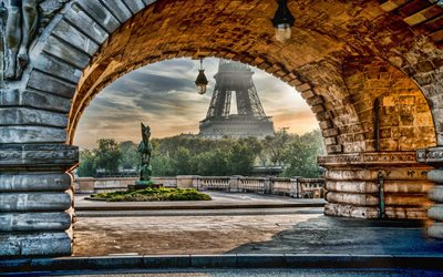 4k, Eiffel Tower, Paris, morning, sunrise, equestrian monument, Paris cityscape, lenmark, France
