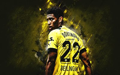 Jude Bellingham, Borussia Dortmund, English football player, midfielder, Jude Victor William Bellingham, BVB, yellow stone background, Germany, football