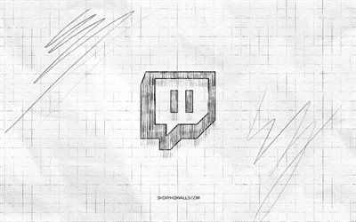logo de croquis twitch, 4k, fond de papier à carreaux, logo noir twitch, réseaux sociaux, croquis de logo, logo twitch, dessin au crayon, twitch