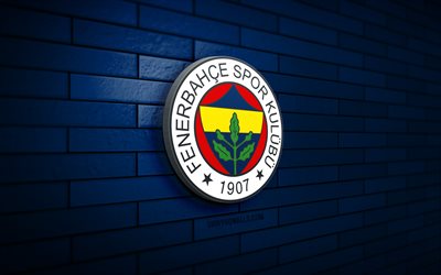 fenerbahce sk logotipo 3d, 4k, azul brickwall, super lig, futebol, clube de futebol turco, fenerbahce sk logotipo, fenerbahce sk emblema, fenerbahce sk, logotipo esportivo, fenerbahce fc