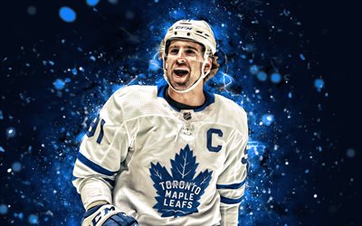John Tavares, 4k, blue neon lights, Toronto Maple Leafs, NHL, hockey, John Tavares 4K, blue abstract background, John Tavares Toronto Maple Leafs