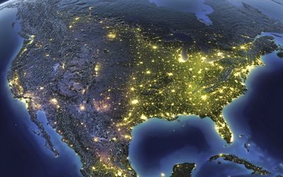 4k, USA from space at night, Canada from space at night, satellite view, North America from space, city lights, continent, USA, Canada, Mexico view from space