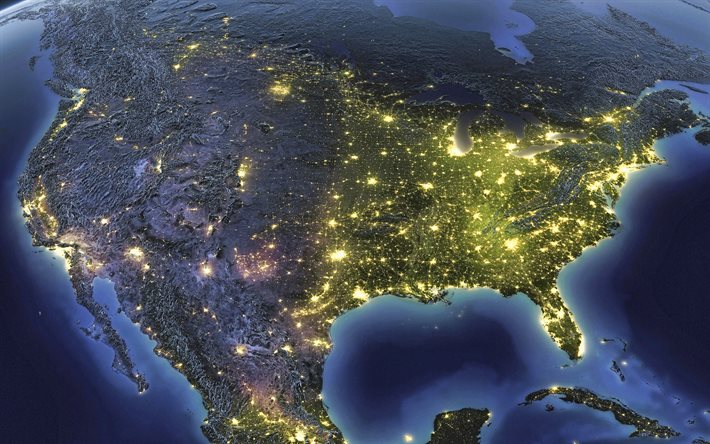 4k, abd gece uzaydan, gece uzaydan kanada, uydu görüntüsü, uzaydan kuzey amerika, şehir ışıkları, kıta, abd, kanada, meksika uzaydan görünümü