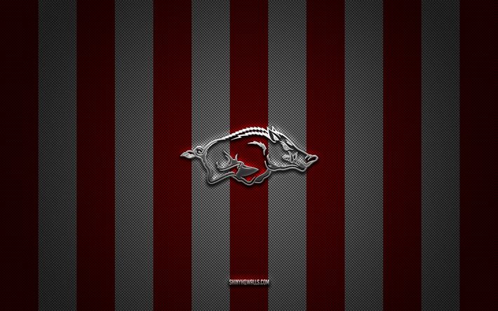 Arkansas Razorbacks logo, American football team, NCAA, red white carbon background, Arkansas Razorbacks emblem, football, Arkansas Razorbacks, USA, Arkansas Razorbacks silver metal logo