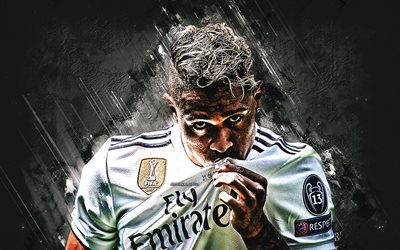 Mariano Diaz, Real Madrid, portrait, Dominican football player, goal, white stone background, La Liga, Spain, football