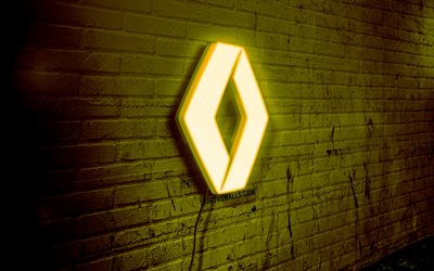 Renault neon logo, 4k, yellow brickwall, grunge art, creative, cars brands, logo on wire, Renault blue logo, Renault logo, artwork, Renault