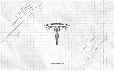 Tesla sketch logo, 4K, checkered paper background, Tesla black logo, cars brands, logo sketches, Tesla logo, pencil drawing, Tesla