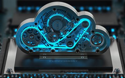 tecnologie di rete cloud, 4k, sfondo nuvola blu, nuvola metallica 3d, tecnologie cloud, reti 3d arte, nuvola 3d, archiviazione cloud, lavoro di rete cloud