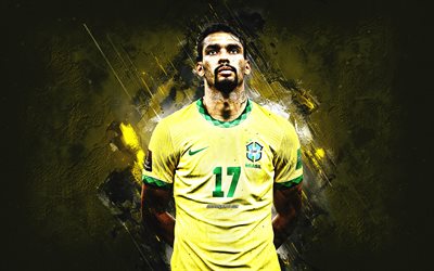 Lucas Paqueta, Brazil national football team, Brazilian soccer player, attacking midfielder, yellow stone background, Brazil football, Lucas Tolentino Coelho de Lima