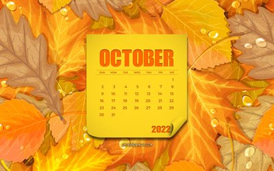 2022年10月カレンダー, 4k, 秋のカレンダー, 黄色の葉の背景, 10月, 紅葉の背景, 秋