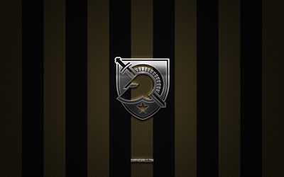 Army Black Knights logo, American football team, NCAA, black and gold carbon background, Army Black Knights emblem, football, Army Black Knights, USA, Army Black Knights silver metal logo