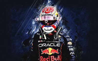 Max Verstappen, Red Bull Racing, Formula 1 driver, RBR, Dutch racing driver, F1, Red Bull, Formula 1, blue stone background