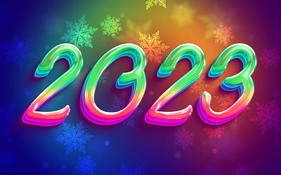 4k, 明けましておめでとうございます 2023, 虹の雪片の背景, 2023年のコンセプト, 2023年明けましておめでとうございます, クリエイティブ, 2023 虹の背景, 2023年, 2023 3d 数字, 2023年冬のコンセプト, 2023 グラデーション桁, 2023 カラフルな数字