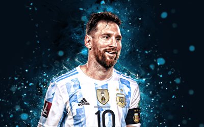 Lionel Messi, 4k, 2022, blue neon lights, Argentina National Football Team, soccer, footballers, red abstract background, Leo Messi, Argentinean football team, Lionel Messi 4K