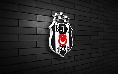 Besiktas 3D logo, 4K, black brickwall, Super Lig, soccer, turkish football club, Besiktas logo, Besiktas emblem, football, Besiktas JK, sports logo, Besiktas FC