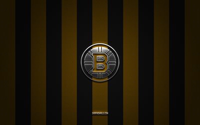 boston bruins-logo, amerikanisches hockeyteam, nhl, gelber schwarzer kohlenstoffhintergrund, boston bruins-emblem, hockey, boston bruins-silbermetalllogo, boston bruins
