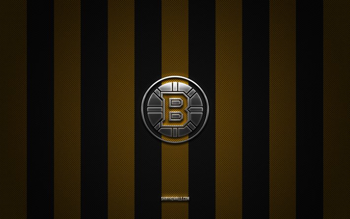 boston bruins-logo, amerikanisches hockeyteam, nhl, gelber schwarzer kohlenstoffhintergrund, boston bruins-emblem, hockey, boston bruins-silbermetalllogo, boston bruins