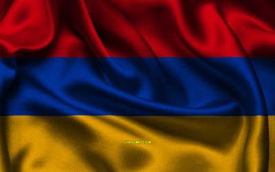 drapeau de l arménie, 4k, les pays d asie, les drapeaux de satin, le drapeau de l arménie, le jour de l arménie, les drapeaux de satin ondulés, le drapeau arménien, les symboles nationaux arméniens, l asie, l arménie