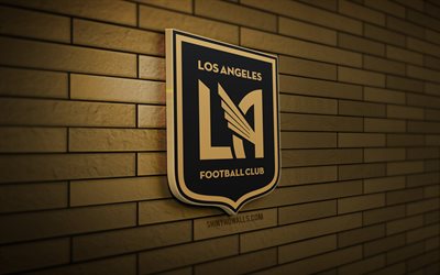 Los Angeles FC 3D logo, 4K, brown brickwall, MLS, soccer, american soccer club, Los Angeles FC logo, football, sports logo, Los Angeles FC