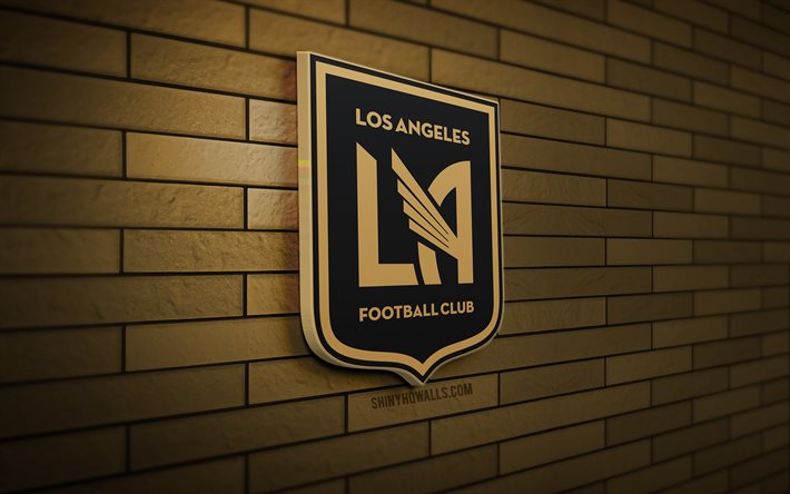 ロサンゼルス fc の 3d ロゴ, 4k, 茶色のブリックウォール, mls, サッカー, アメリカン サッカー クラブ, ロサンゼルス fc のロゴ, フットボール, スポーツのロゴ, ロサンゼルス fc