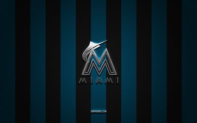 logotipo de los miami marlins, club de béisbol estadounidense, mlb, fondo de carbono azul, emblema de los miami marlins, béisbol, miami marlins, ee uu, major league baseball, logotipo de metal plateado de los miami marlins