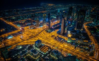 Dubai, 4k, aerial view, road junctions, modern buildings, Dubai at night, UAE, pictures with Dubai, United Arab Emirates, modern architecture, Dubai cityscape, Dubai panorama