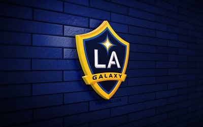 los angeles galaxy 3d-logo, 4k, blaue ziegelwand, mls, fußball, amerikanischer fußballverein, los angeles galaxy-logo, los angeles galaxy, sportlogo, los angeles galaxy fc, la galaxy